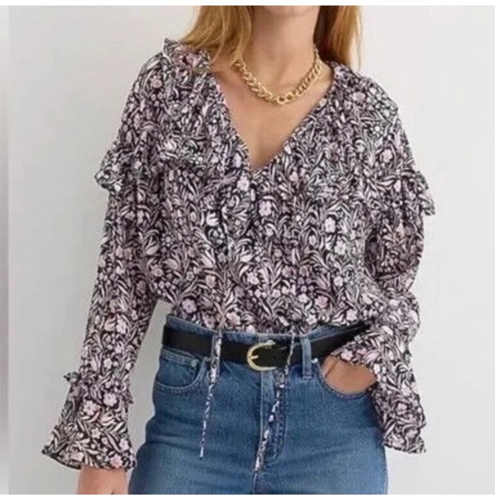 J. Crew Women's Ruffle Crinkle Chiffon Floral Blouse Sz XS